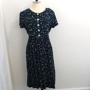 Liz Baker brand vtg. Peasant dress sz.12 pleated front 5 button navy floral